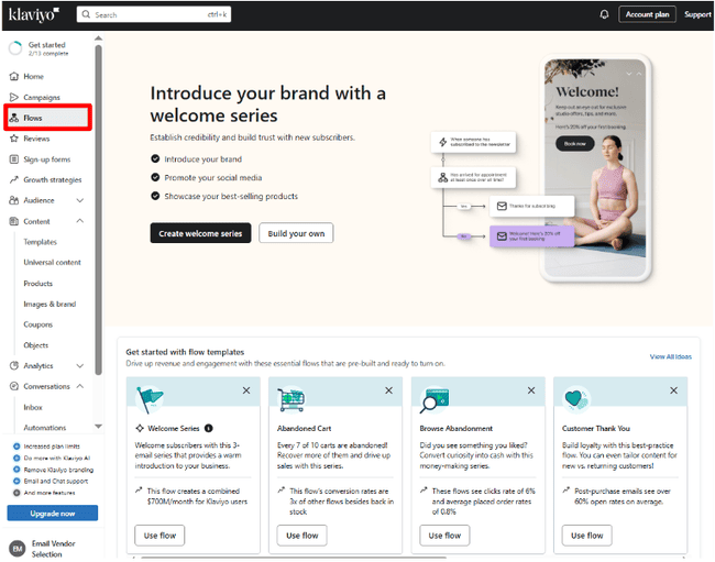 Página de inicio de Automatización de Marketing de Klaviyo Flows