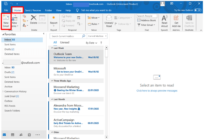 Página de inicio de la versión clásica de Outlook para Windows