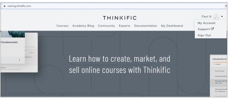 Página de inicio del sitio web de cursos de Thinkific, training.thinkific.com