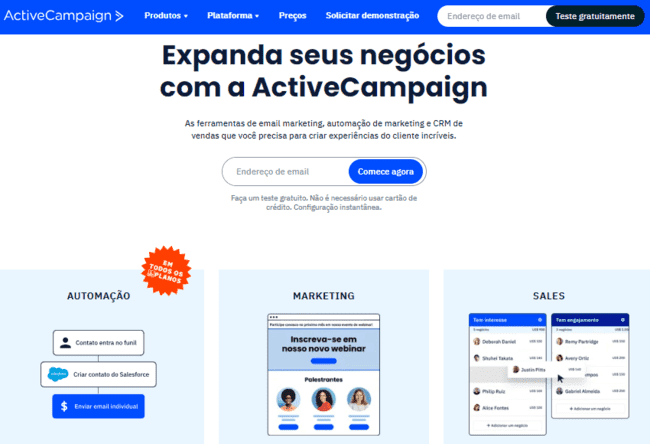 Página de registro da plataforma de automação de marketing da Active Campaign