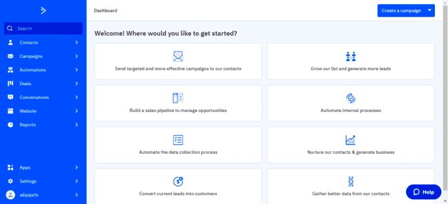 panel de bienvenida de ActiveCampaign CRM