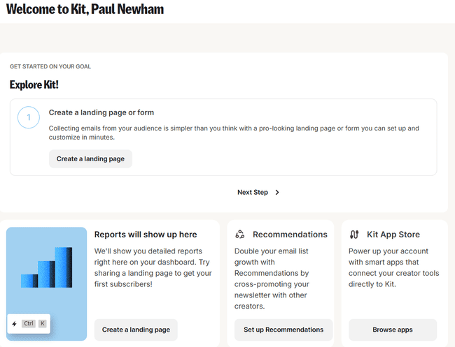 Panel de bienvenida de Kit