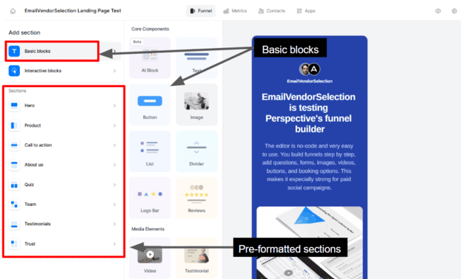 Perspective Funnels content blocks and sections