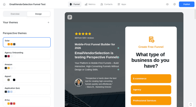 Perspective funnel builder page editor
