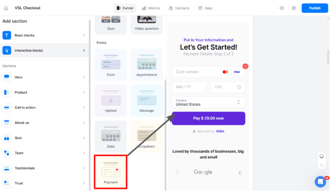 Perspective funnels payment block
