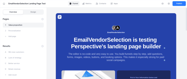 Perspective landing page editor builder funnels