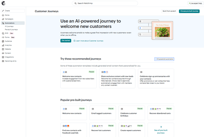 pestaña de automatizaciones de Mailchimp