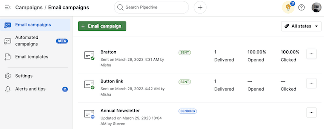 Pipedrive email campaigns and automations