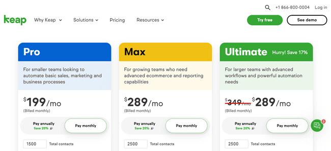 Planes de pago de automatización de marketing Keap