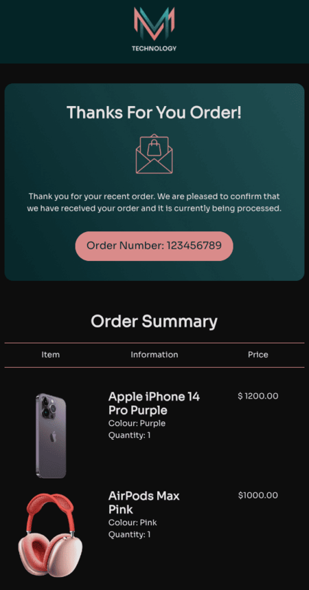 Plantilla de Mailchimp para confirmar un pedido