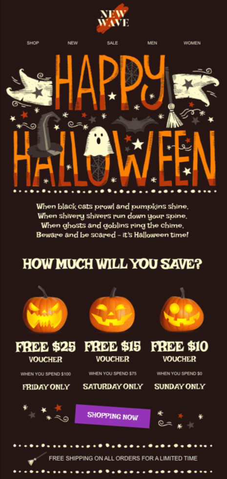 Plantilla de correo electrónico de Halloween de Stripo para el sector de la moda
