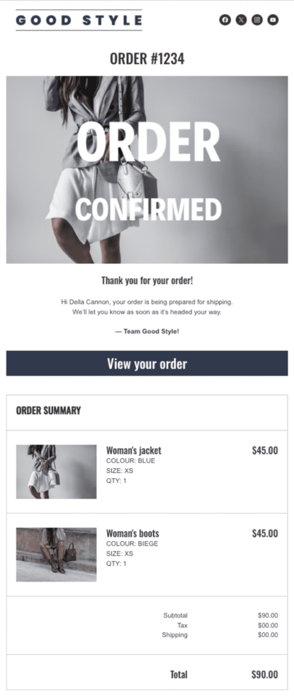 Plantilla de correo electrónico de Stripo para la confirmación de pedidos