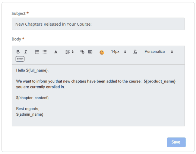 Plantilla de correo electrónico de notificación de curso de FreshLearn