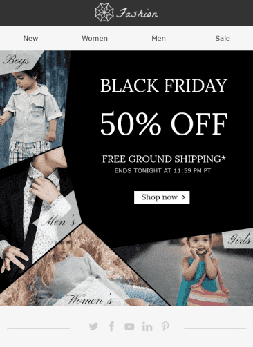 Plantilla de email de Mailchimp para el Black Friday en el sector de la moda