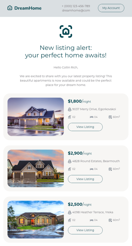Plantilla de email gratuita de Mailchimp para listados inmobiliarios