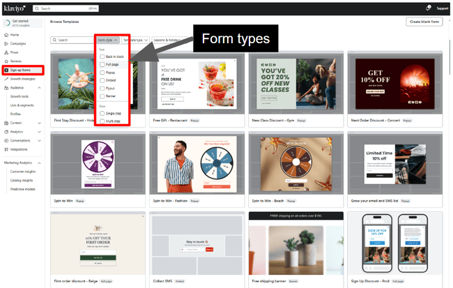 Plantillas y tipos de formularios de Klaviyo