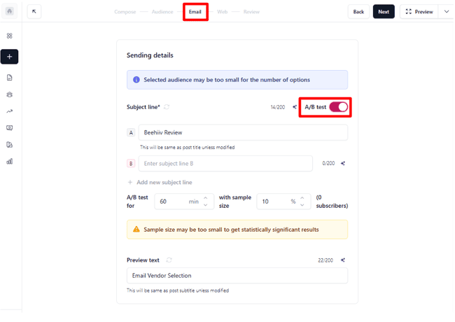 prueba A:B de la línea de asunto de beehiiv