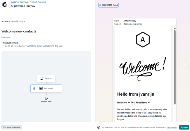 recorrido de automatización de un email de bienvenida en Mailchimp