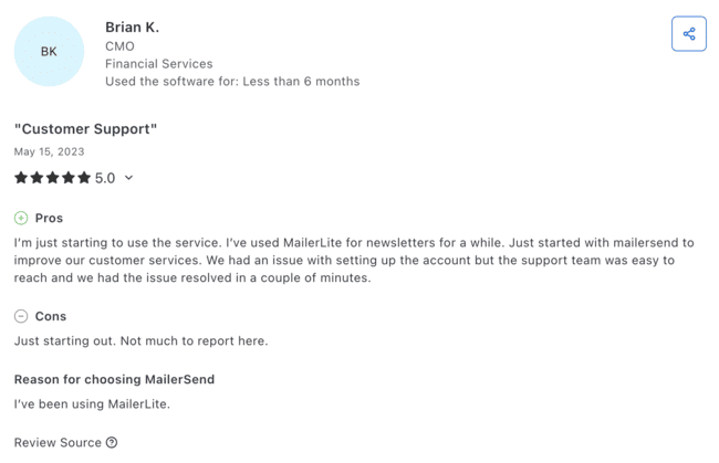 Reseña del equipo de atención al cliente de MailerSend