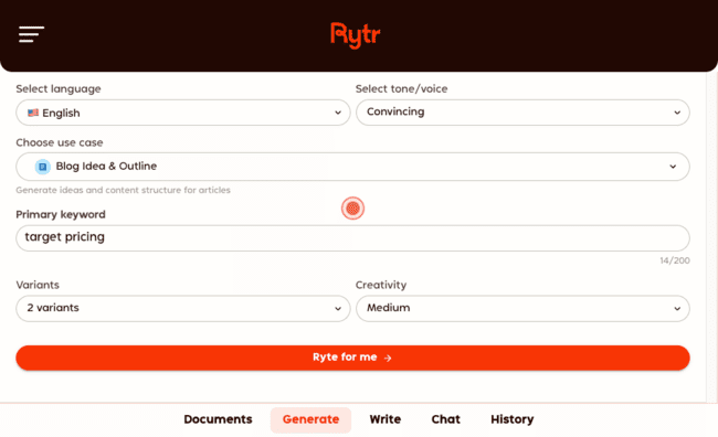 Rytr generate blog outline