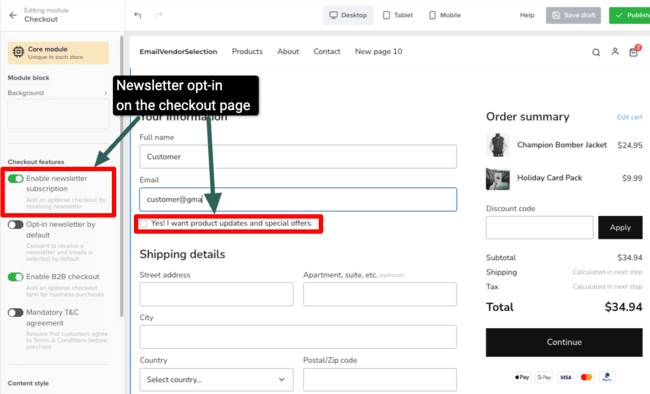 Sellfy checkout customization email marketing opt-in