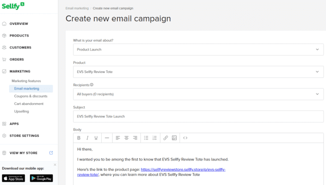 Sellfy create new email campaign