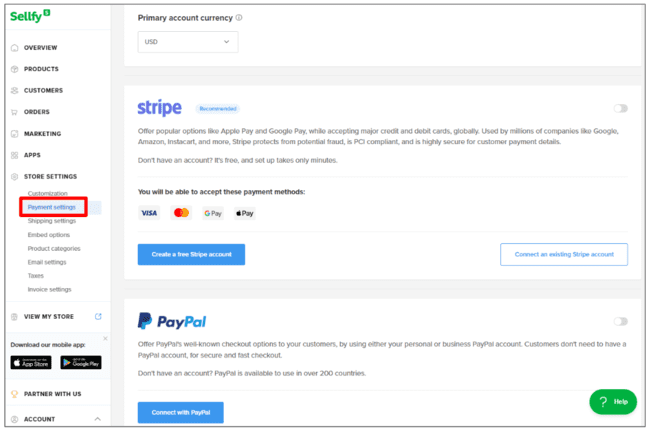 Sellfy payment settings
