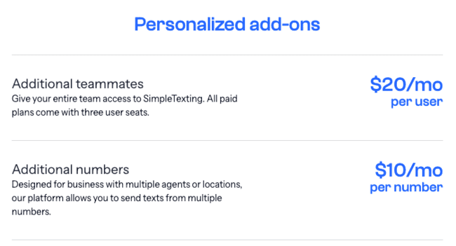 SimpleTexting SMS marketing add-ons users numbers