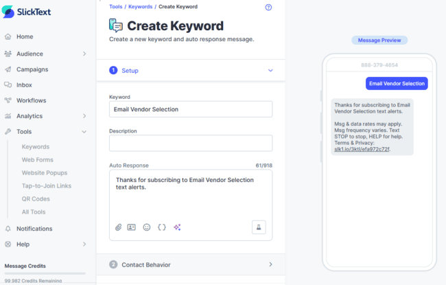 SlickText Keyword lead capture