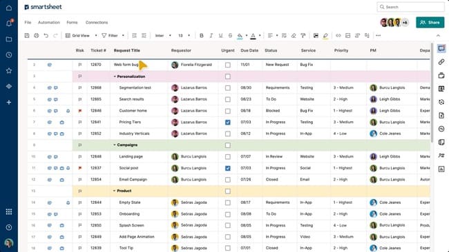 Smartsheet project management spreadsheet tool