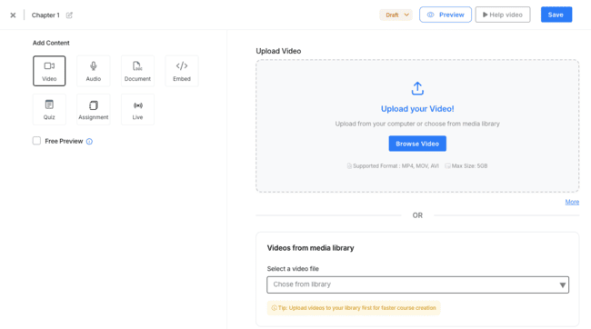 Subir un vídeo a un capítulo del curso en FreshLearn
