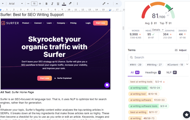 Surfer plug-in for SEO optimized content