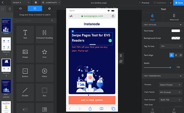 Swipe Pages landing page mobile view editor