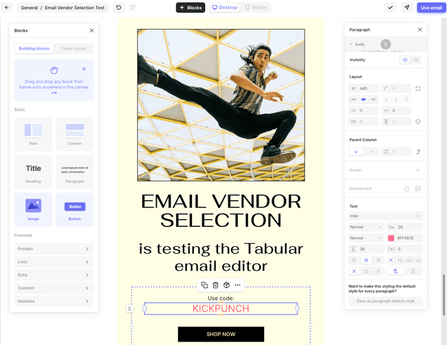 Tabular email editor template design