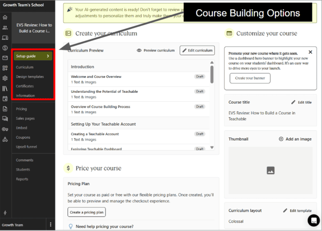 Teachable course builder main page