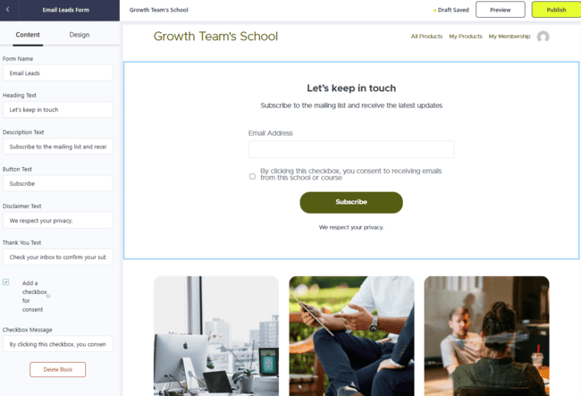 Teachable email capture form