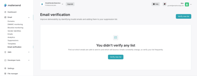 Verifying a new email list in MailerSend