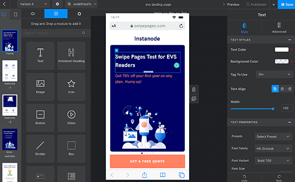 Vista previa móvil de la landing page de Swipe Pages