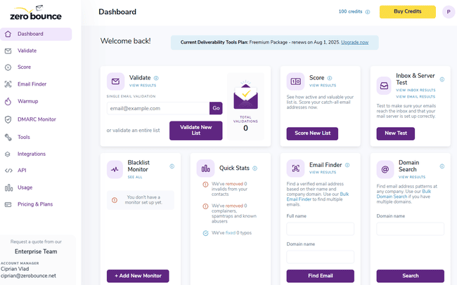 ZeroBounce dashboard