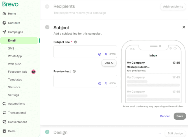 añadir un asunto al crear newsletters en Brevo