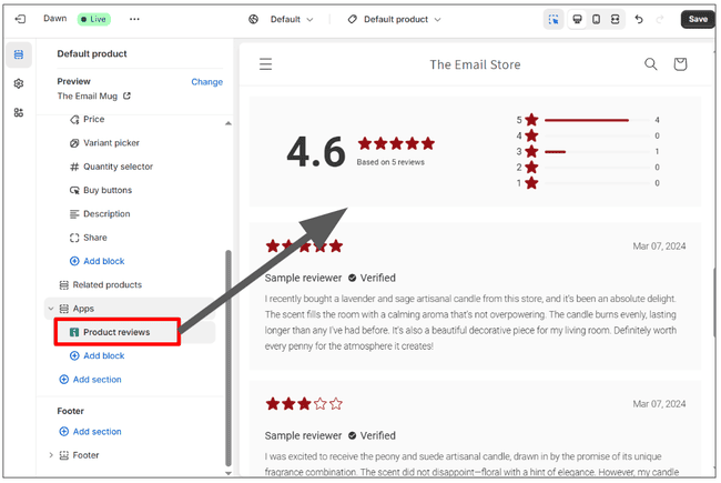 añadir un widget de reseñas de Omnisend a una página de producto de Shopify