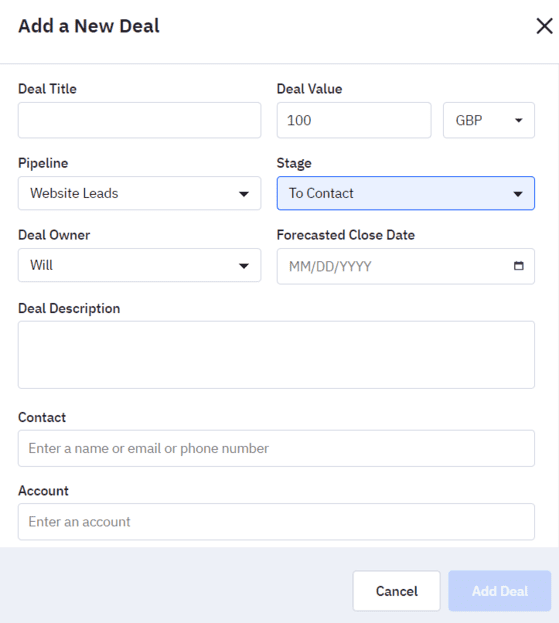 añadir una nueva oportunidad de venta en ActiveCampaign sales