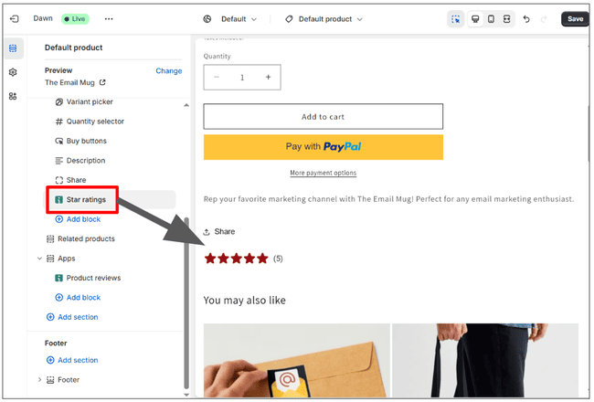 añadir valoraciones con estrellas de Omnisend a una página de producto de Shopify