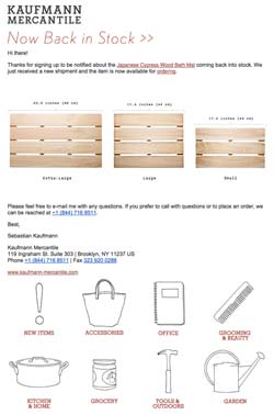 back in stock email example ecommerce