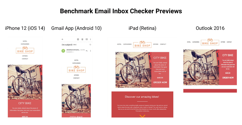 Inbox Checker previews from Benchmark Email showing IPhone, Gmail App, iPad, Outlook