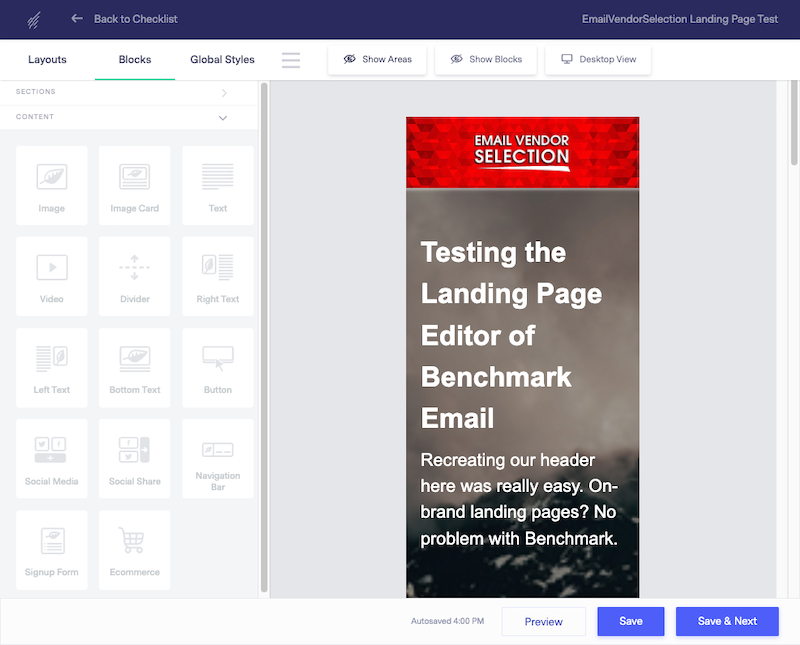 Screenshot of the Landing Page Builder in Benchmark Email with mobile view