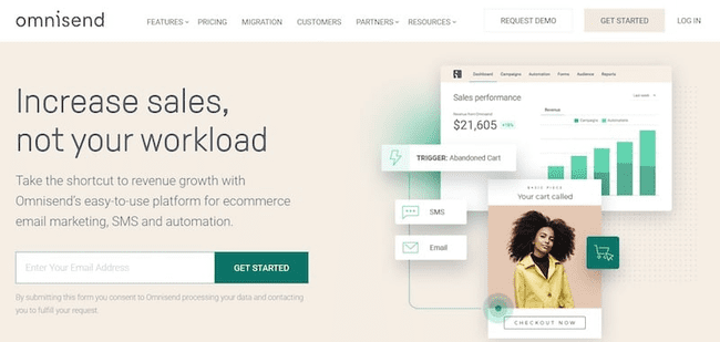 captura de tela da página inicial da Omnisend