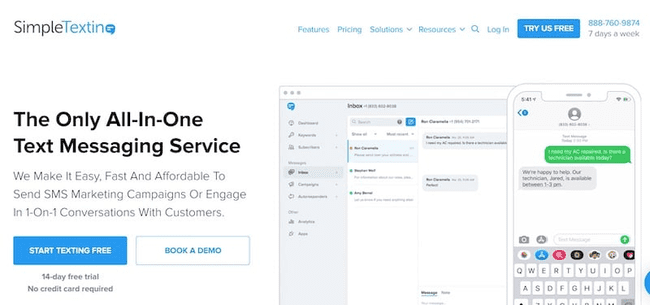 captura de tela da página inicial do SimpleTexting