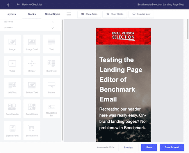 captura de tela do Landing Page Builder na Benchmark Email com visualização móvel