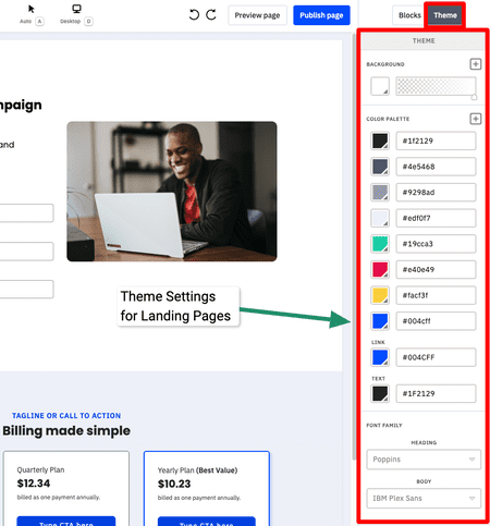 changing theme of landing page template in activecampaign